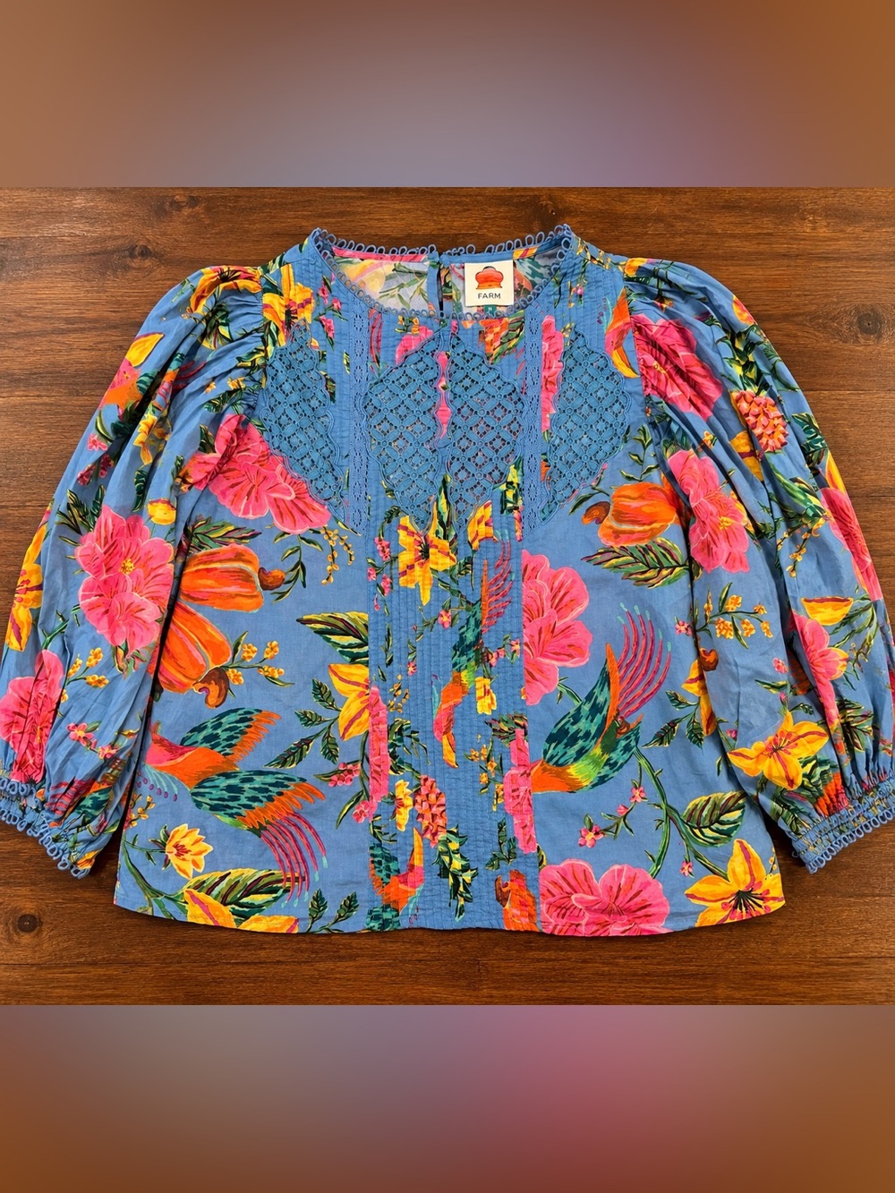 FARM Rio Blue Tropical Floral Bird Crochet Lace Blouse Puff Sleeve Cotton M